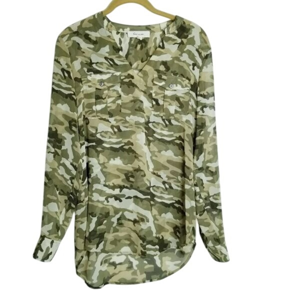 Two By Vince Camuto Sheer Camouflage Long Sleeve Button Up Shirt Relaxed Fit XS